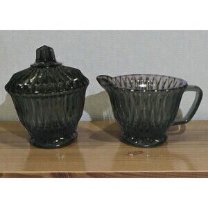 Vtg MCM Libbey Glass Smoke Gray Cream & Covered Sugar Bowl & Lid Diamond Pattern